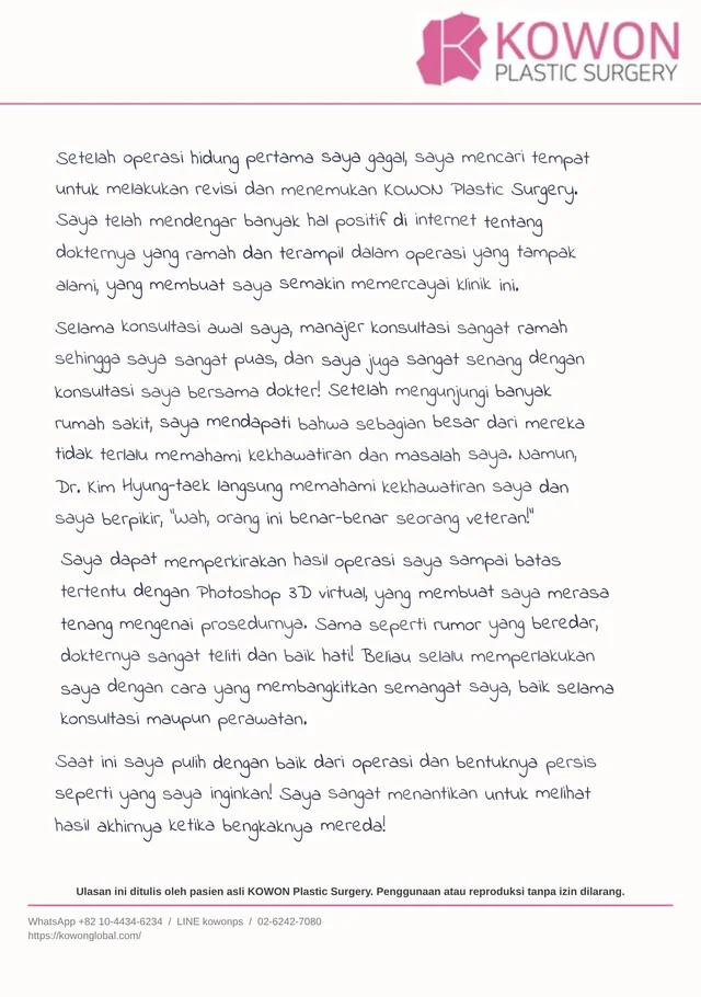 Surat ulasan tulisan tangan dari pasien KOWON, ditampilkan dalam terjemahan bahasa Indonesia, surat 3