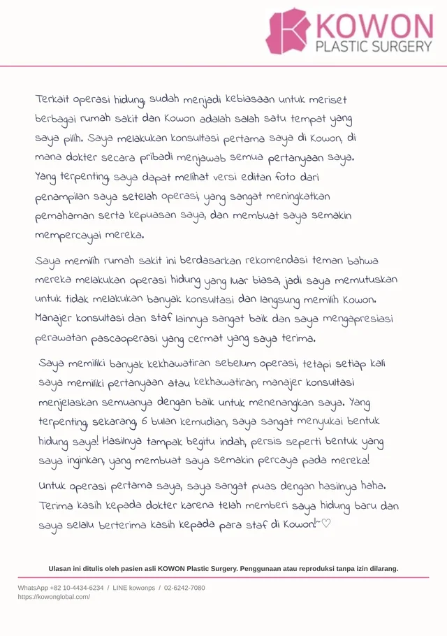 Surat ulasan tulisan tangan dari pasien KOWON, ditampilkan dalam terjemahan bahasa Indonesia, surat 2