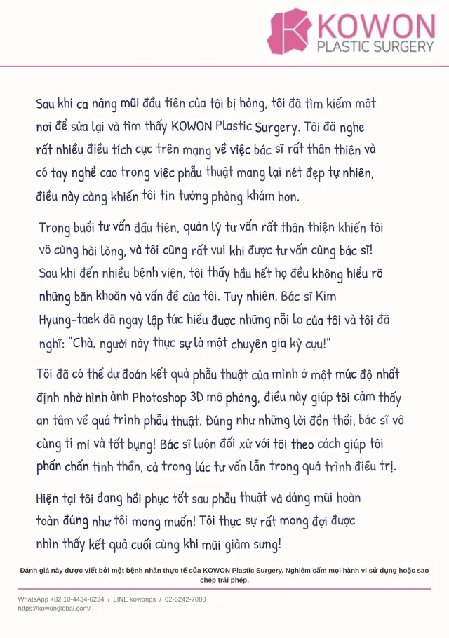 Thư đánh giá viết tay từ một bệnh nhân của KOWON, được hiển thị dưới dạng bản dịch tiếng Việt, bức thư 3