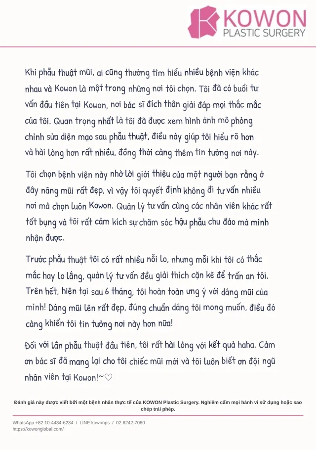 Thư đánh giá viết tay từ một bệnh nhân của KOWON, được hiển thị dưới dạng bản dịch tiếng Việt, bức thư 2
